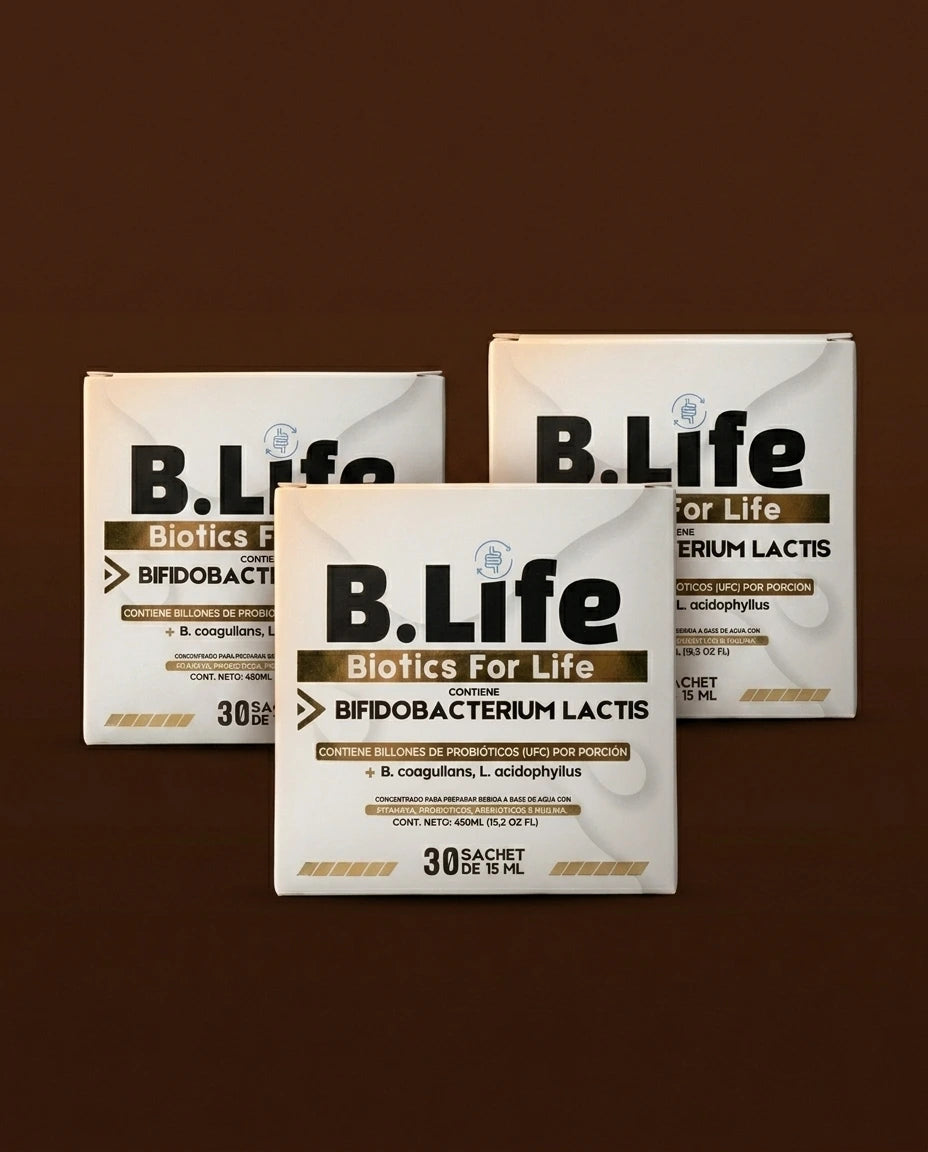 Protocolo BLIFE 90 días, tres cajas sobre fondo cacao