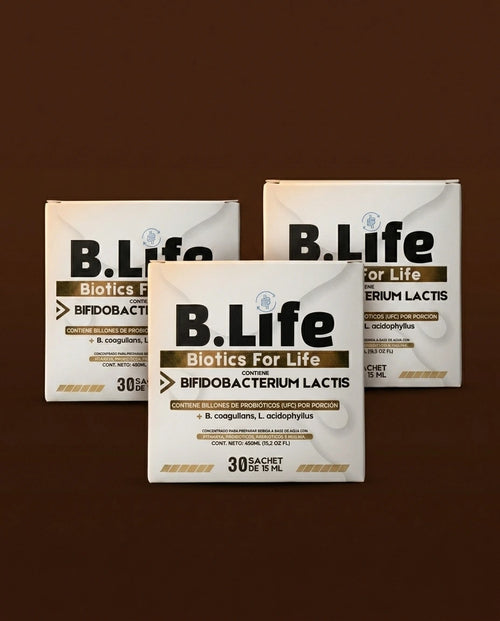 Protocolo BLIFE 90 días, tres cajas sobre fondo cacao