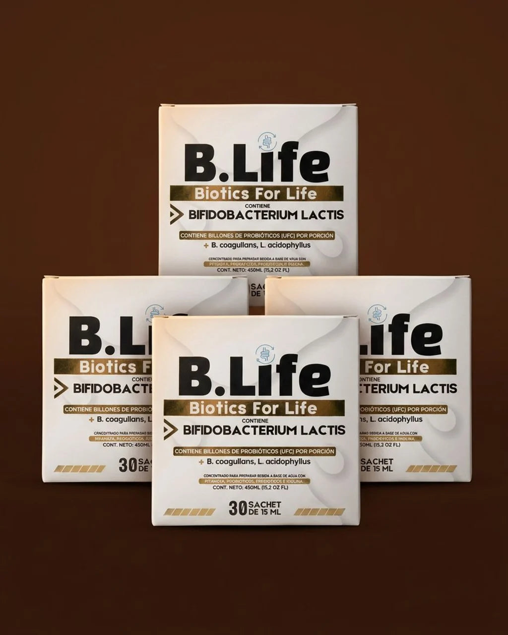 Protocolo BLIFE 120 días, cuatro cajas sobre fondo cacao