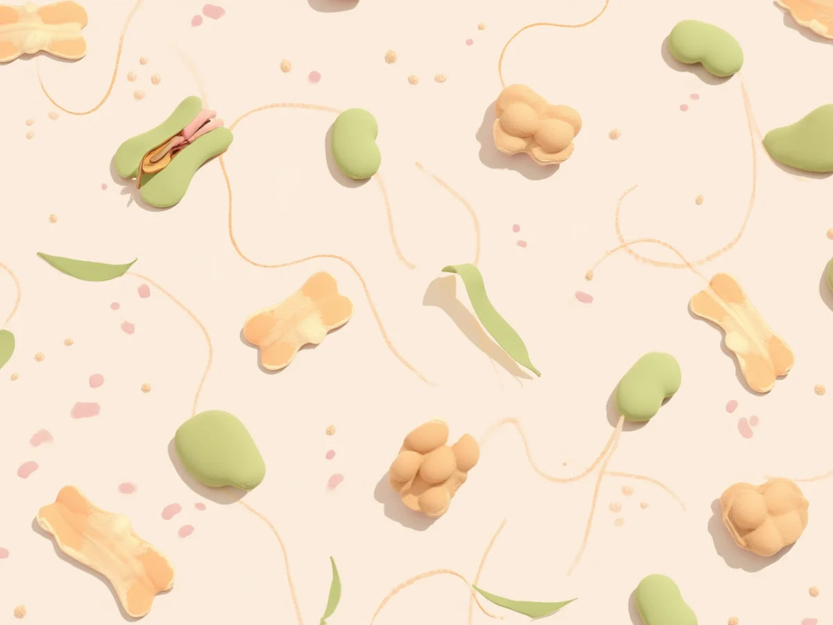 Formas abstractas inspiradas en bacterias beneficiosas y fibras prebióticas sobre fondo crema.